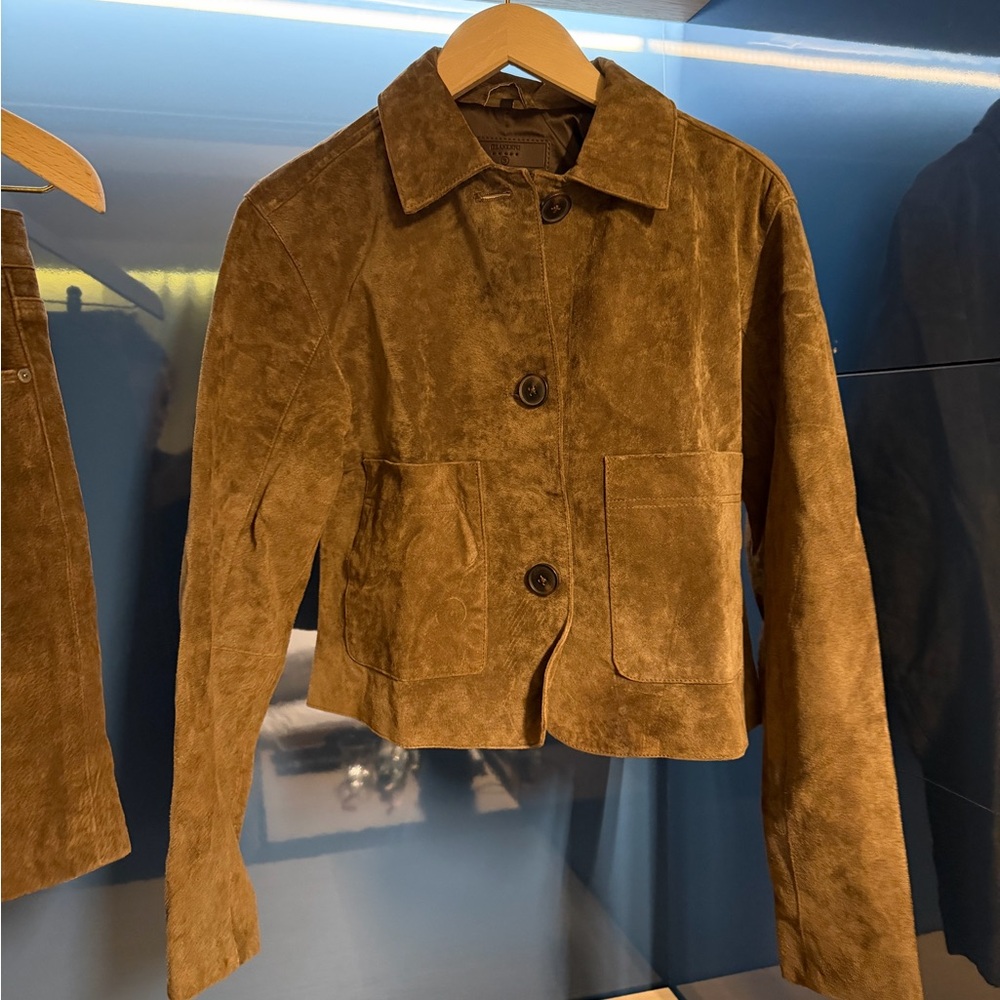 Womens Brown Suede Button-Front Jacket